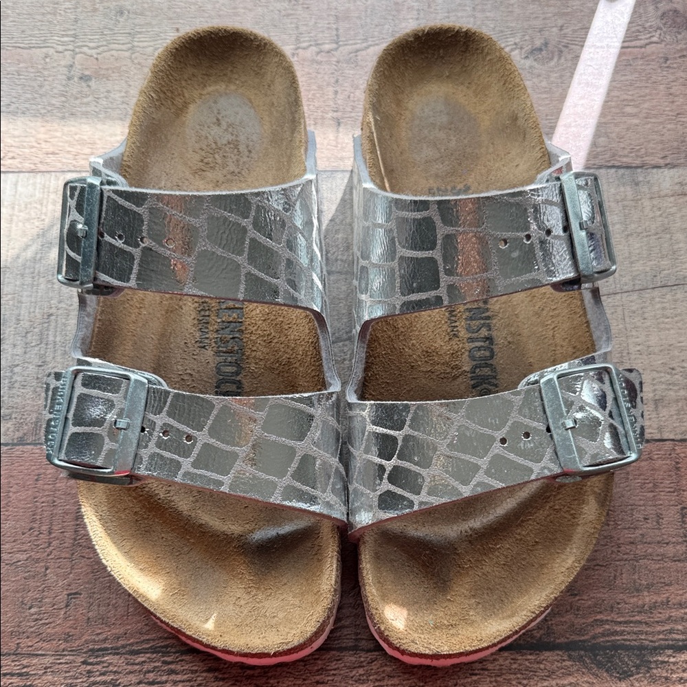 Birkenstock Silver Croc-Embossed Sandals